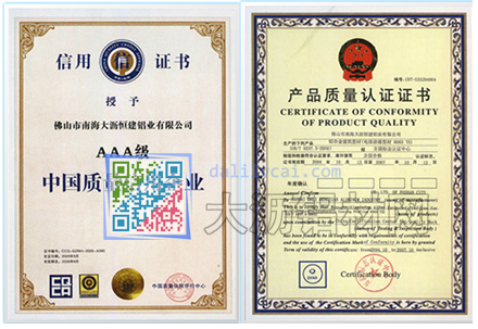 大瀝恒建鋁業(yè)獲得的證書