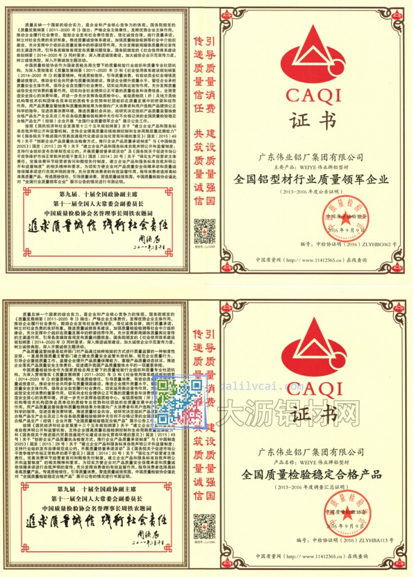 偉業(yè)鋁材所獲質量體系兩大榮譽證書